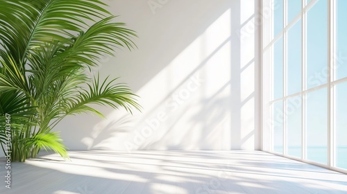 Minimalist room with palm plant sunlight shadows AI generated