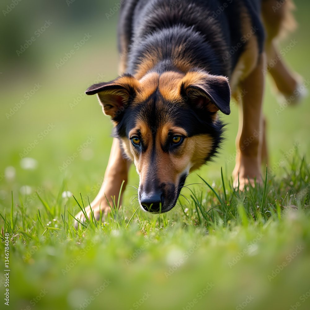 Large tracking dog sniffing the grassy ground attentively, focused on detecting scents for search, rescue, or hunting in nature. Large tracking dog sniffing the grassy ground attentively, focused on detecting scents for search, rescue, or hunting in nature.