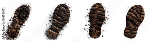 Set of various Eco concept 3D image of a shoe print on brown soil isolated on transparent background