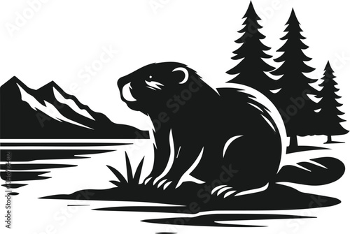Beaver sitting on a riverbank and looking at the water vector silhouette