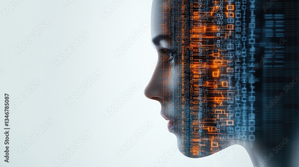 White silhouette profile contains intricate patterns of code and binary, emphasizing the intersection of art and digital technology White silhouette profile contains intricate patterns of code and binary, emphasizing the intersection of art and digital technology