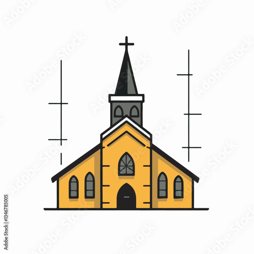 Traditional yellow church with a tall bell tower and cross