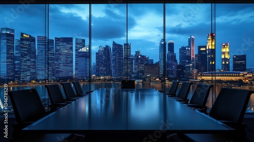 Cityscape conference room, night view, business meeting, corporate