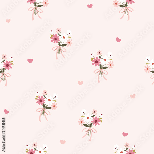 flower bouquet and mini heart seamless pattern , vector , illustration 