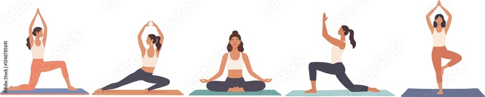 A set of five illustrations depicting a woman practicing various yoga poses on yoga mats. A set of five illustrations depicting a woman practicing various yoga poses on yoga mats.