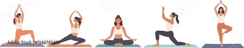 A set of five illustrations depicting a woman practicing various yoga poses on yoga mats.