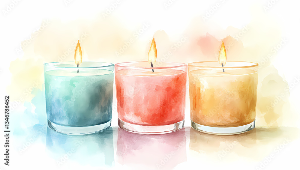 Vivid Candle Trio: Watercolor illustration showcasing three vibrant candles, each in a glass holder, with flickering flames adding a touch of warmth and serenity. Vivid Candle Trio: Watercolor illustration showcasing three vibrant candles, each in a glass holder, with flickering flames adding a touch of warmth and serenity.