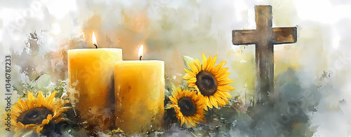 Divine Remembrance: An evocative composition featuring lit candles, a rustic wooden cross, and vibrant sunflowers arranged in a harmonious and emotionally resonant scene, conveying peace and serenity