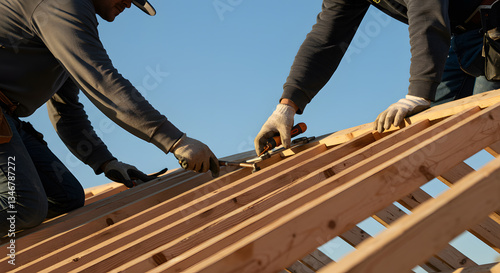 Wallpaper Mural Construction Workers Installing Roof Truss System on Sunny Day Torontodigital.ca