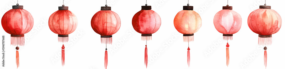 Obraz premium Lanterns of Celebration: A row of vibrant, intricately designed red lanterns hang, symbolizing festive occasions and cultural heritage, inviting viewers to celebrate tradition