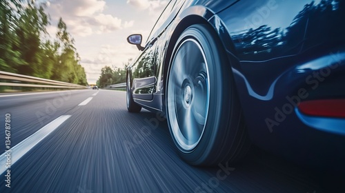 A Sleek Dark Blue Car Speeding Down A Scenic Highway At Sunset, Feeling The Thrill Of The Open Road With A Blurred Background And Dynamic Motion