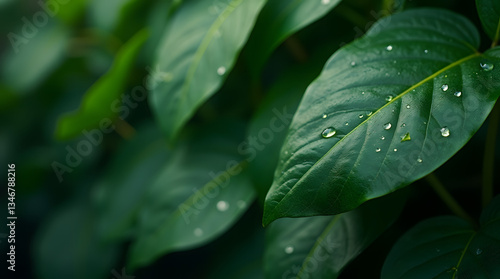 Close-up of large green Ficus leaves with fresh dew drops, showcasing natural beauty, perfect for nature-themed copy space or botanical design.