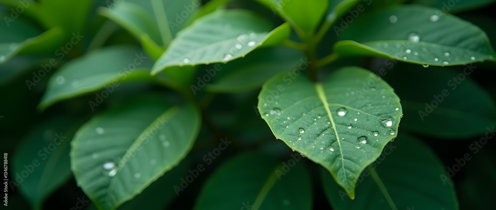 Close-up of large green Ficus leaves with fresh dew drops, showcasing natural beauty, perfect for nature-themed copy space or botanical design. Close-up of large green Ficus leaves with fresh dew drops, showcasing natural beauty, perfect for nature-themed copy space or botanical design.