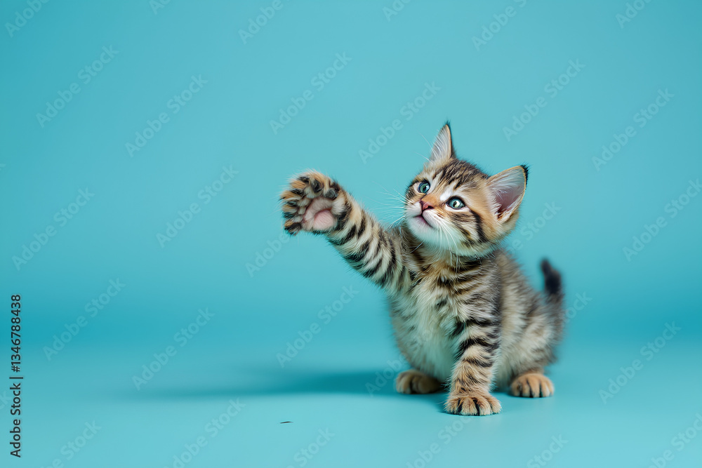Obraz premium Adorable playful tabby kitten raising paw on a bright cyan background, Cute Cat