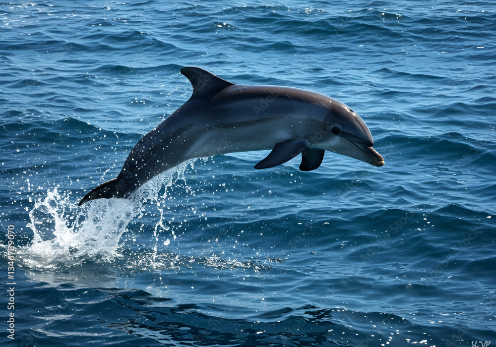 Fototapeta premium Dolphin Jumping Out of the Blue Ocean Water with Splash