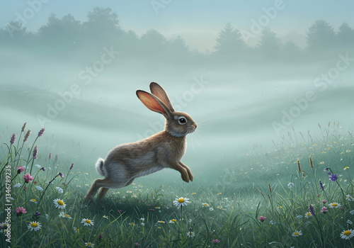 Hare Jumping in Misty Meadow with Wildflowers on a Foggy Morning photo