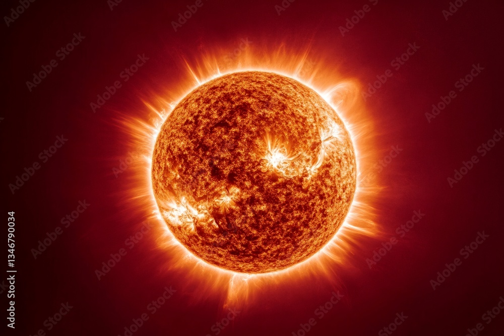 Naklejka premium Sun emitting solar flares and prominences in outer space