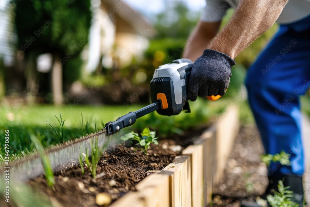 Obraz premium A skilled gardener carefully trims the edges of a flower bed using an electric trimmer, showcasing meticulous attention to maintaining a beautiful garden landscape.