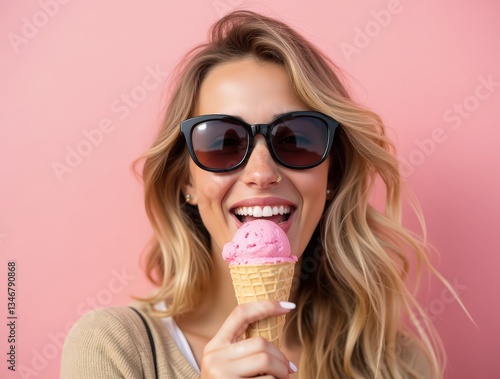 Young European woman with blonde hair and sunglasses licks pink ice cream, smiling, soft pink backdrop
