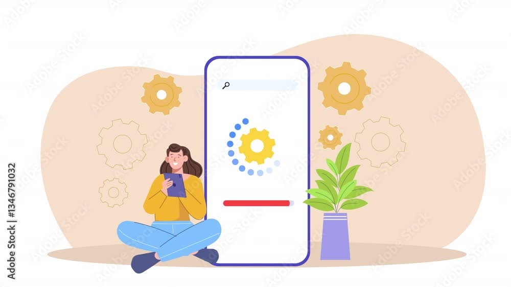 Flat Design Girl Character Mobile App Installing Animation Scene loop Flat Design Girl Character Mobile App Installing Animation Scene loop
