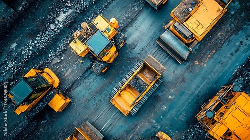 Aerial view of various heavy machinery parked on a dark surface.  Several excavators, bulldozers, and scrapers are visible.  The machinery appears to be positioned for use in a construction or mining 
