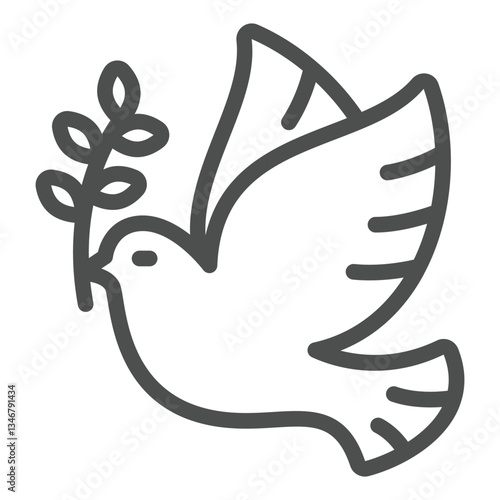 Pigeon bird with leaves line icon, easter holiday concept. Vector graphics. Dove and willow leaf branch sign on white background, outline style icon for mobile or web design.