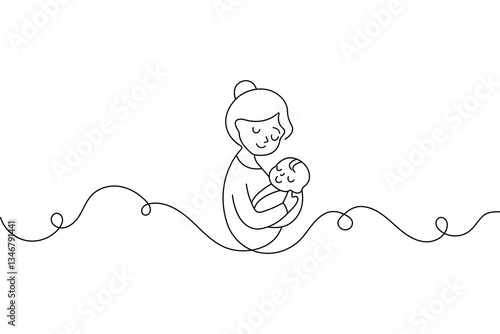 Mother and baby continuous single line art and isolated outline vector illustration
