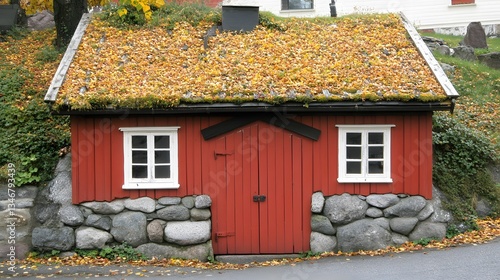 Charming Red Cabin with Autumn Leaf Roof