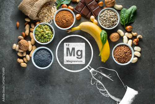 Composition with products containing magnesium. Healthy foods high in magnesium.Top view.