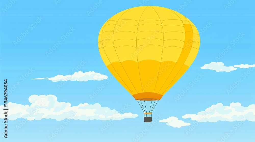 Fototapeta premium Yellow hot air balloon floats high amidst fluffy clouds and clear blue sky