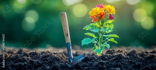 Obraz na płótnie Surreal Blooming Spade, Gardening tools w salonie