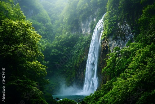 Draws watcher into an awe-inspiring show of nature’s splendor as noble waterfall smoothly cascades cloaked in green clasp of its setting while seamless tie of water and rock forms  
