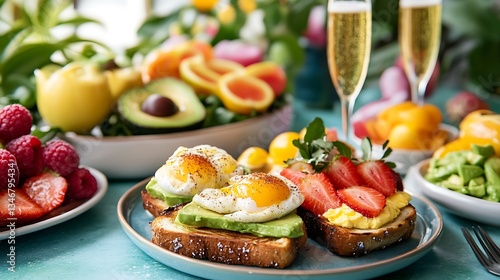 Vibrant brunch table featuring avocado toast eggs benedict fresh fruit and mimosas set in a stylish caf setting