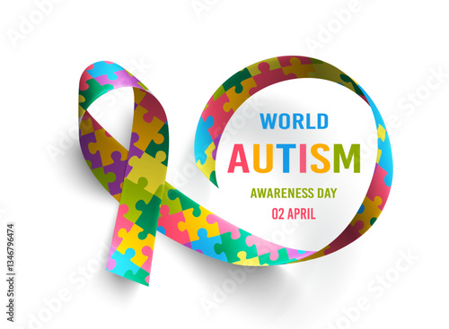 Poster with realistic puzzle ribbon. Symbol of world awareness Autism Spectrum Disorder day, 2 of april. Design template, vector illustration