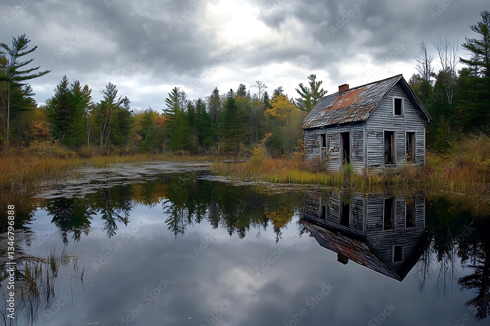 Obraz premium Within this secluded area forsaken house and untamed marsh oppose boldly showcasing divide of human legacy and wild terrain while igniting a strong sense of frozen time 