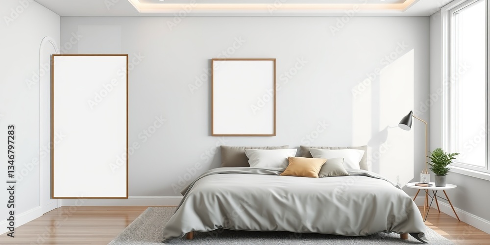 Fototapeta premium Empty 20x30 Frame Mockup in a Modern Bedroom