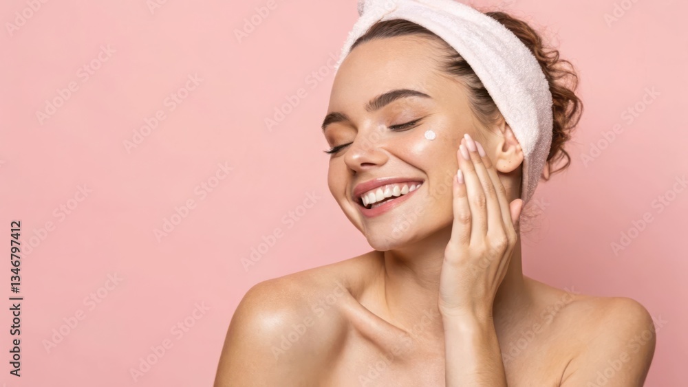 Radiant Skincare Routine: Woman Applying Moisturizer on Her Face Against a Soft Pink Background Radiant Skincare Routine: Woman Applying Moisturizer on Her Face Against a Soft Pink Background