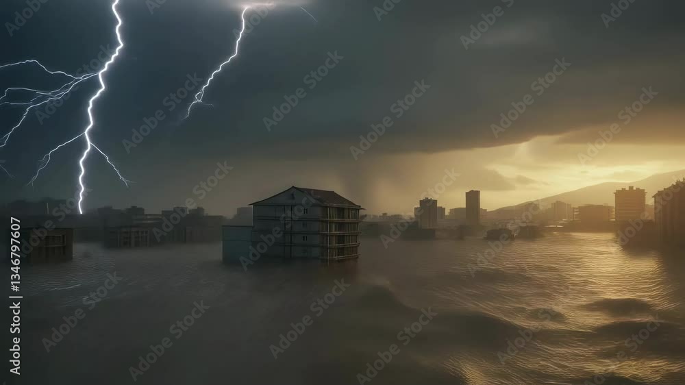 Apocalyptic cityscape submerged in flood waters during storm. Lightning ...