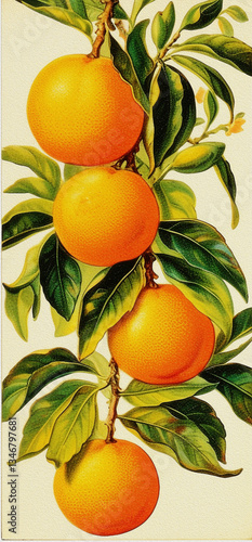 Orange or citrus sinensis plant with fruits,vertical vintage botanical illustrations on creamy paper background