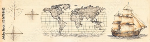 A vintage nautical map featuring a ship and compass elements, perfect for marine enthusiasts and explorers. Elegant design evokes a sense of adventure and discovery.