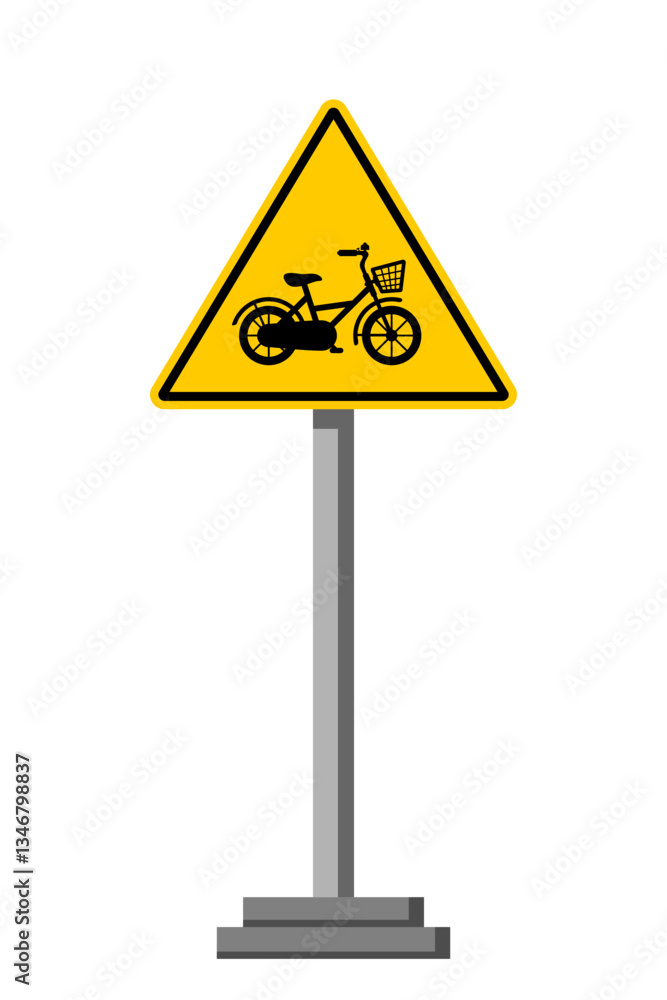 Yellow Triangle Bicycle Sign with Silhouette of a Bike Inside, Warning Symbol for Cycling Path and Road Safety, Flat Vector Illustration Isolated on White Background Yellow Triangle Bicycle Sign with Silhouette of a Bike Inside, Warning Symbol for Cycling Path and Road Safety, Flat Vector Illustration Isolated on White Background
