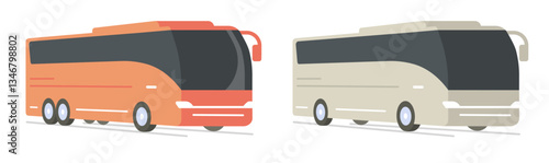 Tour bus vector 3d, coach travel busses set modern design icon illustration, business charter city shuttle big vehicle side front cartoon, peach white color public transport isolated cut out image