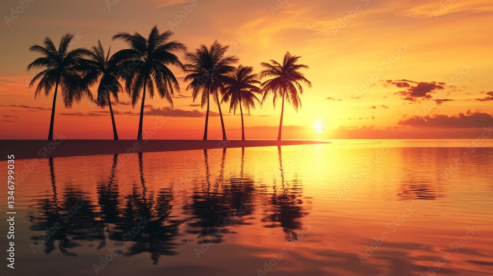 Tropical Tropical Beach Scene Reflective Palm Orange Tropical Tropical Beach Scene Reflective Palm Orange