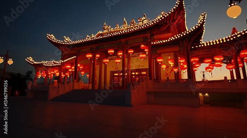 Illuminated Asian temple, lanterns, night, celebration, festival, architecture, dusk, scene, Asia, design