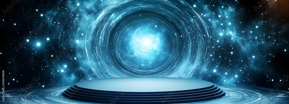 A podium in the middle of a cosmic wormhole, with space and time warping around it.