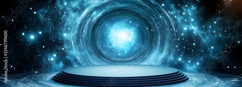 Obraz na płótnie A podium in the middle of a cosmic wormhole, with space and time warping around it. w salonie