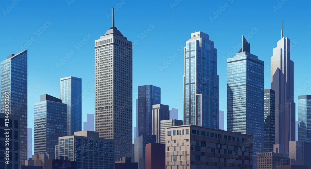 Fototapeta premium Impressive cartoon cityscape with tall buildings. Modern city skyscrapers and urban architecture background for real estate website, blog. Banner for architectural bureau. Downtown business district.
