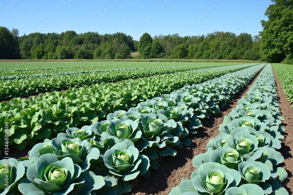 Fototapeta premium field of green cabbage growing in the middle of a field