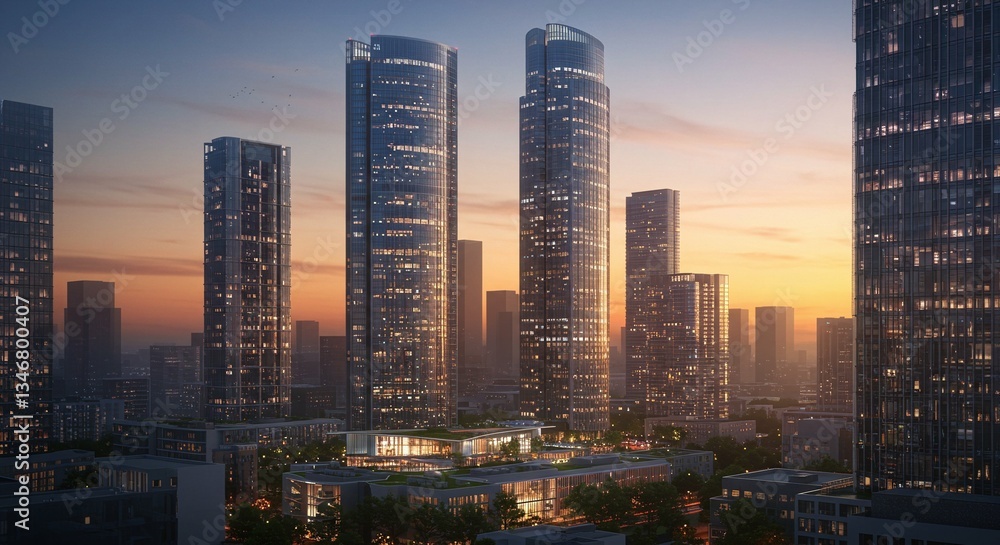 Obraz premium Modern skyscrapers at sunset. Residential architecture design for urban development. Property and real estate investment. Cityscape panorama with tall buildings. Architecture in the evening background