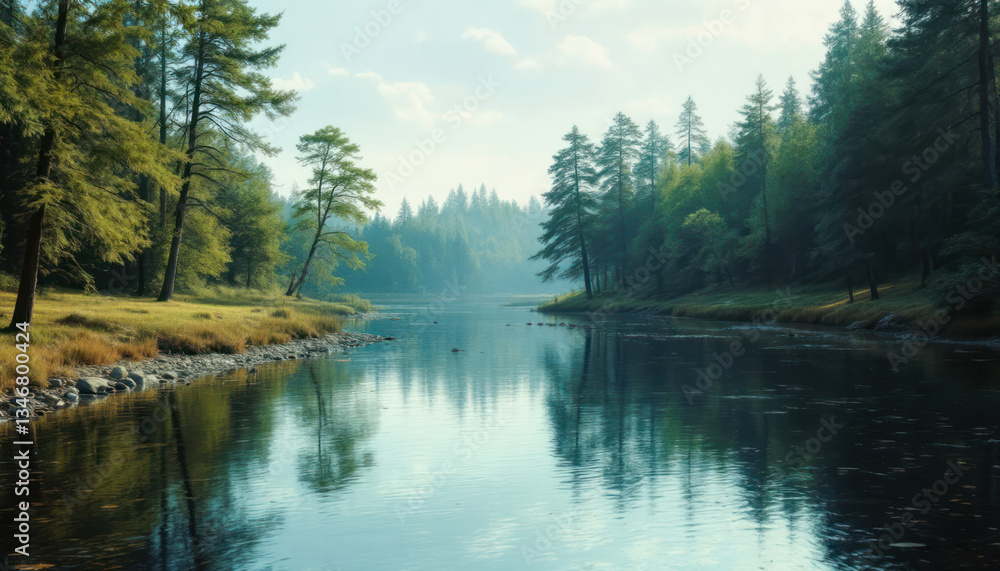 Fototapeta premium Serene River Reflection in Misty Forest